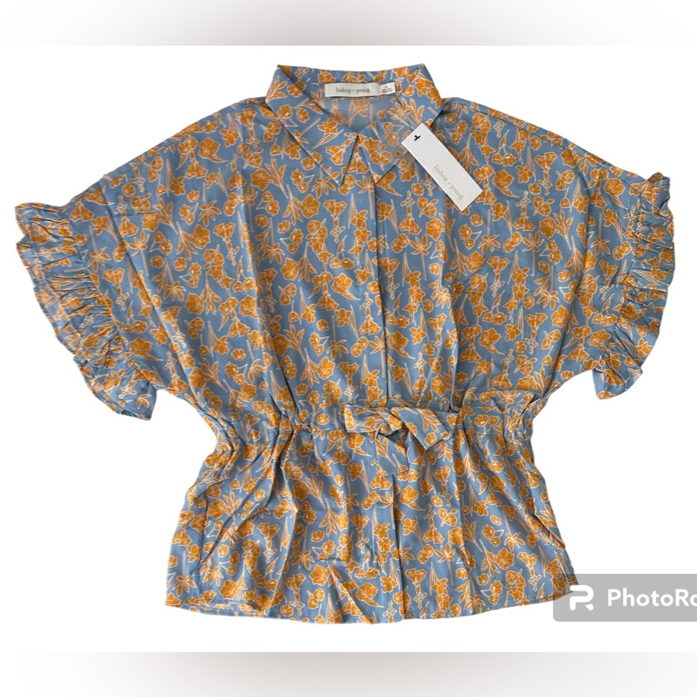 Bishop + Young Floral Ruffle Short Sleeve Tie Front Button Down Blue Blouse M